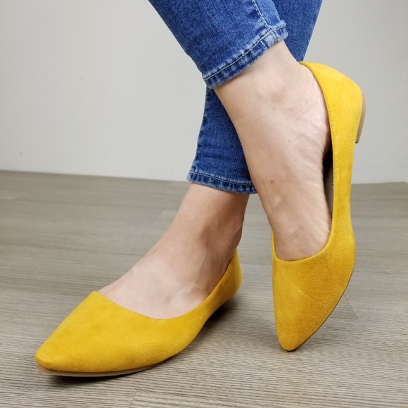 Mustard Yellow Vegan Suede Pointy Toe Flat Shoes - Picture 4 of 8